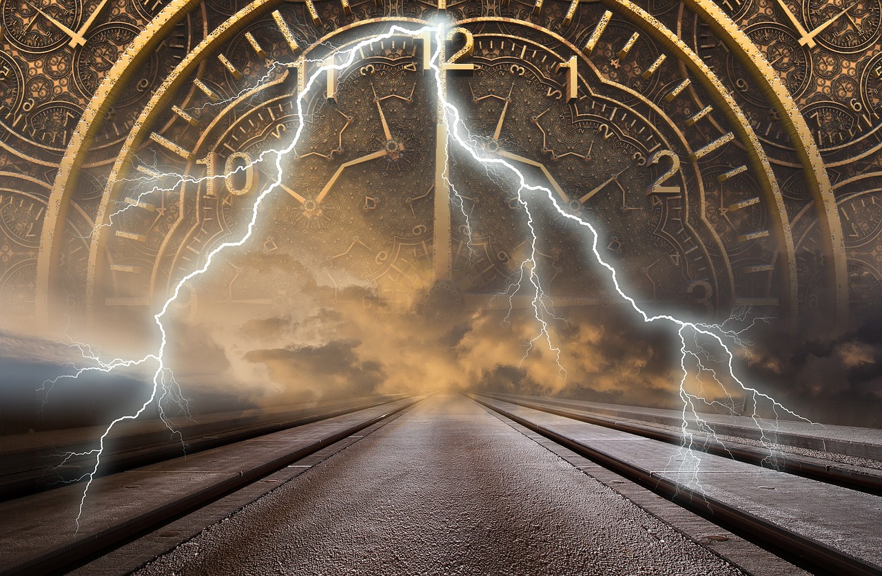 Flashes above a road and a clock in the background